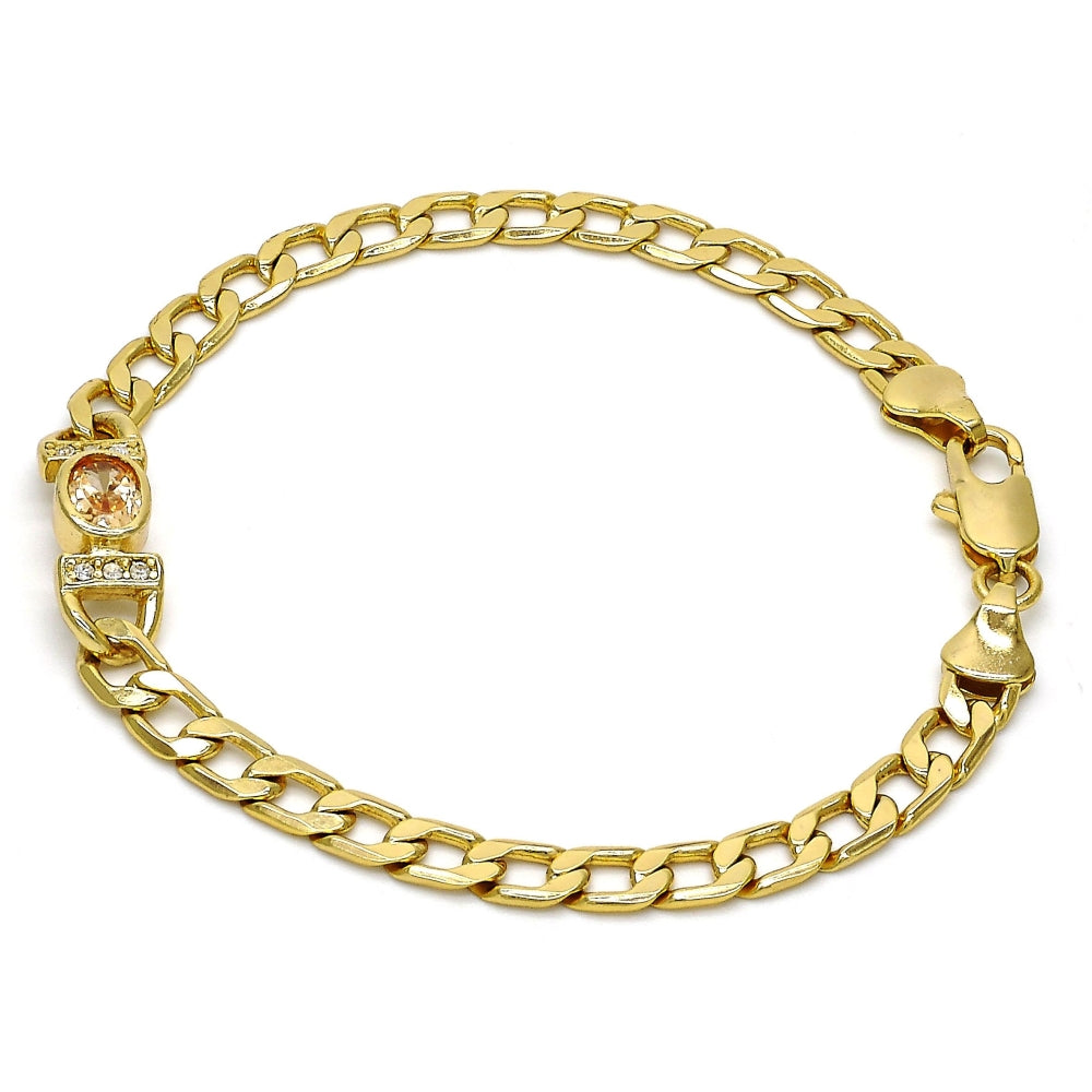 Oro Laminado Fancy Bracelet, Gold Filled Style Curb Design, with Brown Cubic Zirconia and White Crystal, Polished, Golden Finish