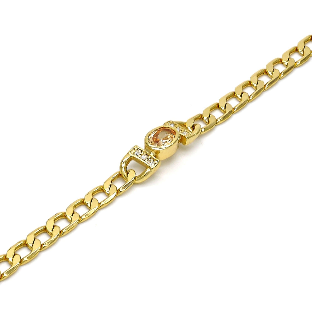 Oro Laminado Fancy Bracelet, Gold Filled Style Curb Design, with Brown Cubic Zirconia and White Crystal, Polished, Golden Finish