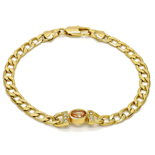 Oro Laminado Fancy Bracelet, Gold Filled Style Curb Design, with Brown Cubic Zirconia and White Crystal, Polished, Golden Finish