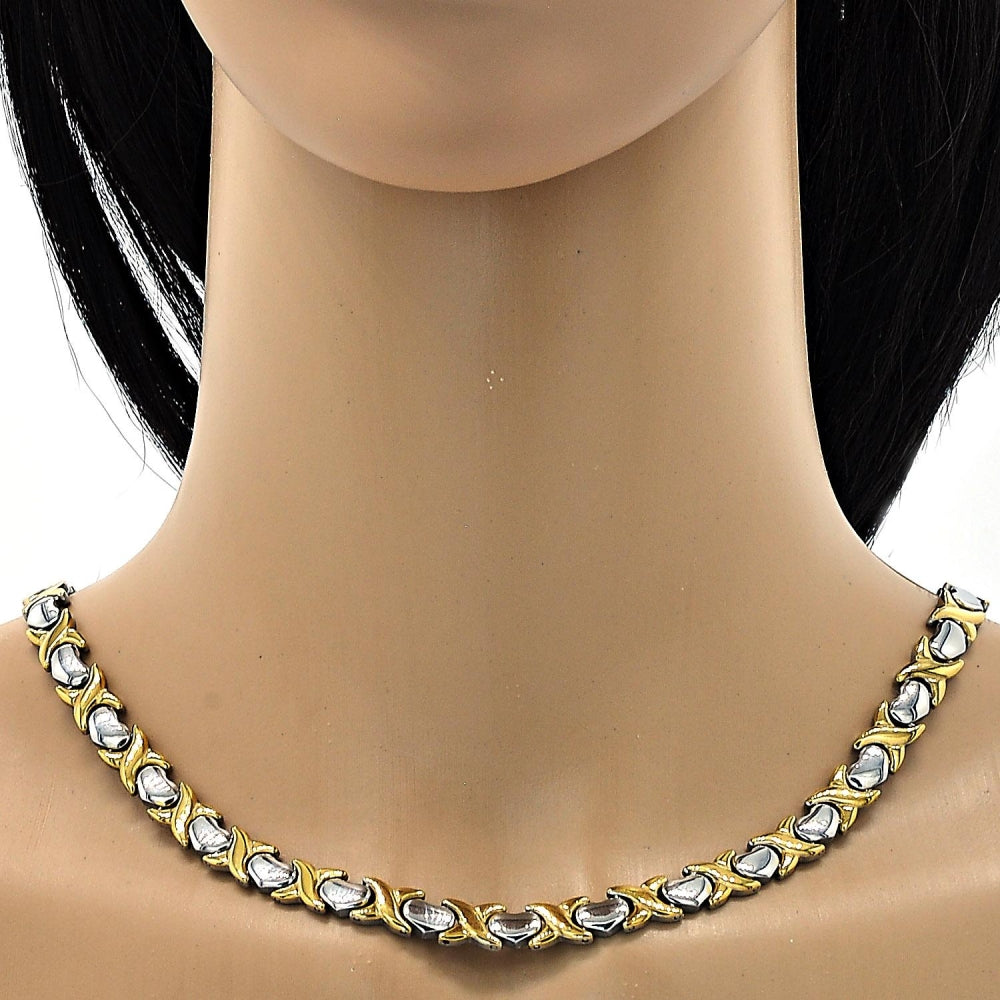 Stainless Steel Necklace and Bracelet, Hugs and Kisses and Heart Design, Polished, Two Tone
