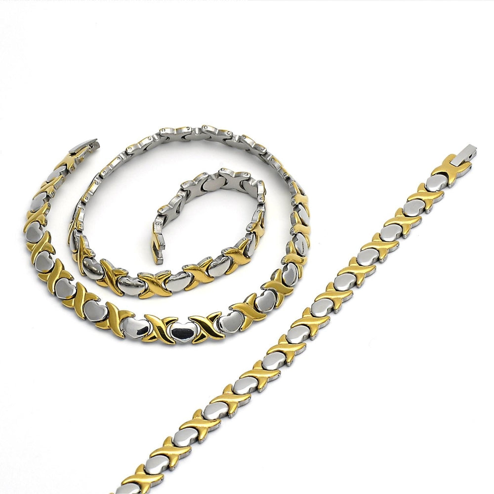 Stainless Steel Necklace and Bracelet, Hugs and Kisses and Heart Design, Polished, Two Tone