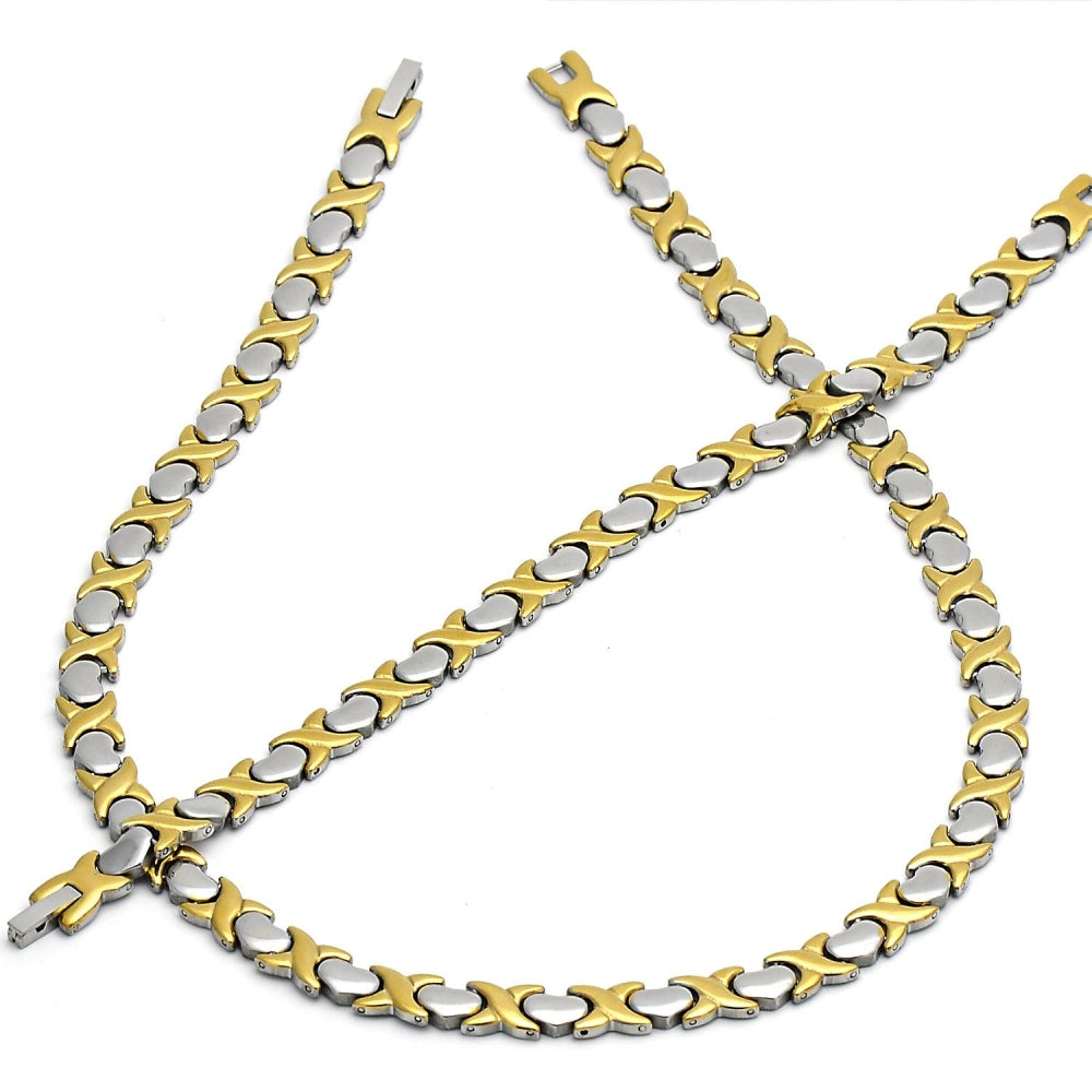 Stainless Steel Necklace and Bracelet, Hugs and Kisses and Heart Design, Polished, Two Tone