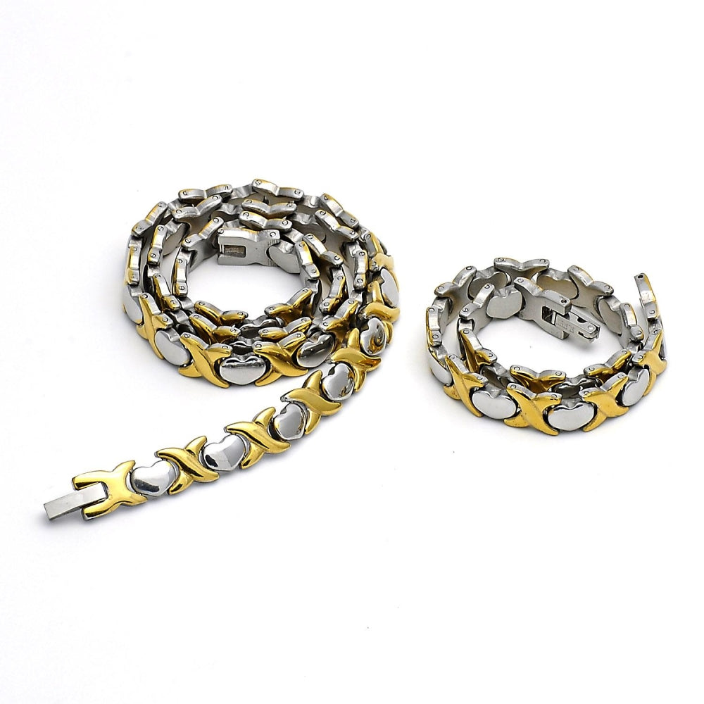 Stainless Steel Necklace and Bracelet, Hugs and Kisses and Heart Design, Polished, Two Tone