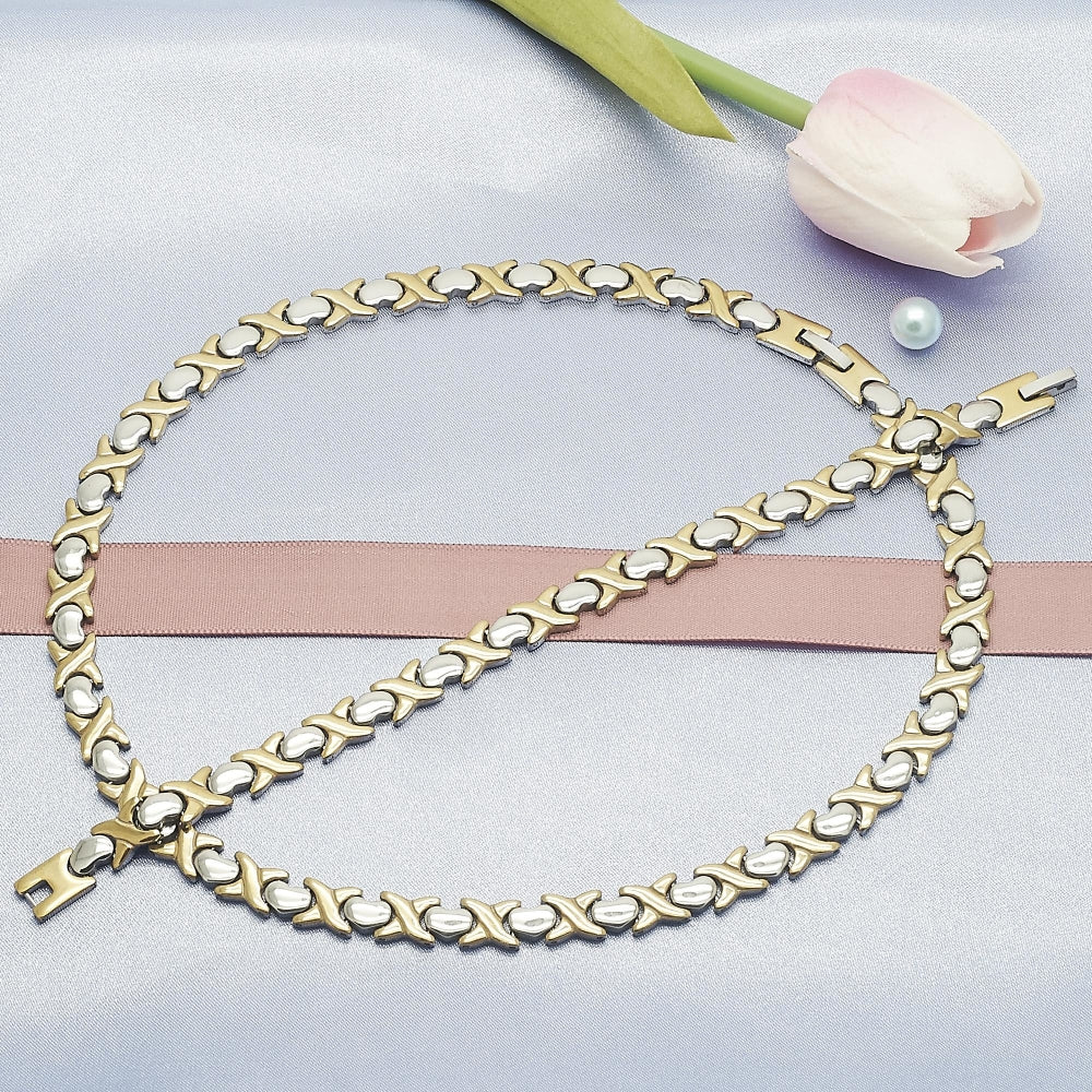 Stainless Steel Necklace and Bracelet, Hugs and Kisses and Heart Design, Polished, Two Tone