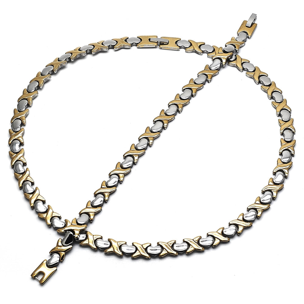 Stainless Steel Necklace and Bracelet, Hugs and Kisses and Heart Design, Polished, Two Tone