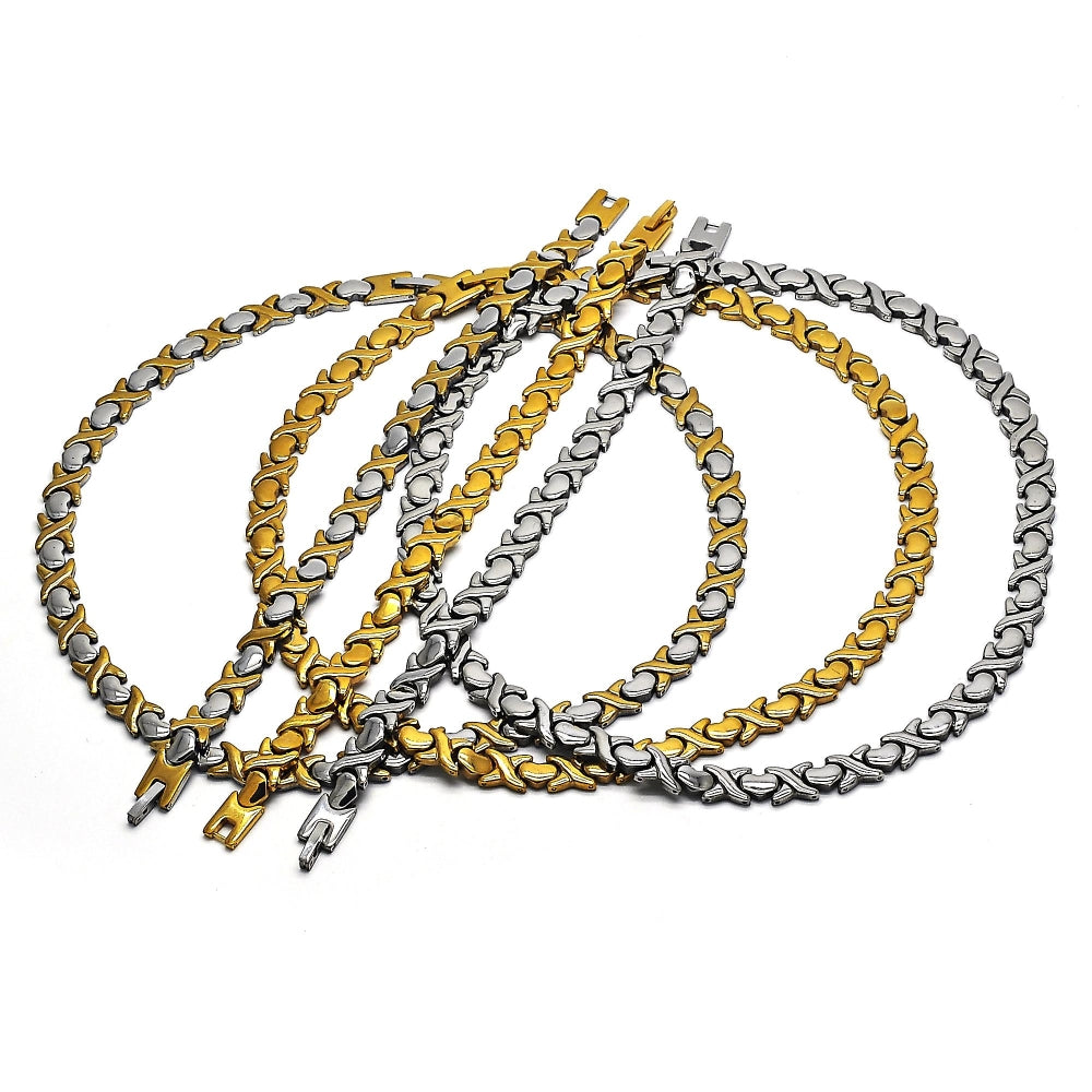 Stainless Steel Necklace and Bracelet, Hugs and Kisses and Heart Design, Polished, Two Tone