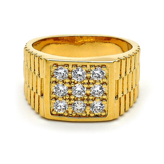 Oro Laminado Mens Ring, Gold Filled Style with White Cubic Zirconia, Diamond Cutting Finish, Golden Finish