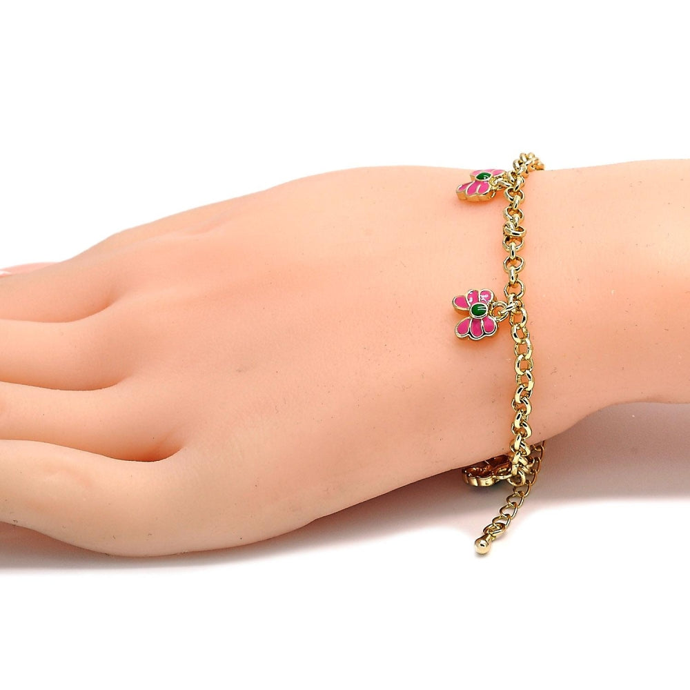 Oro Laminado Charm Bracelet, Gold Filled Style Butterfly and Rolo Design, Pink Enamel Finish, Golden Finish
