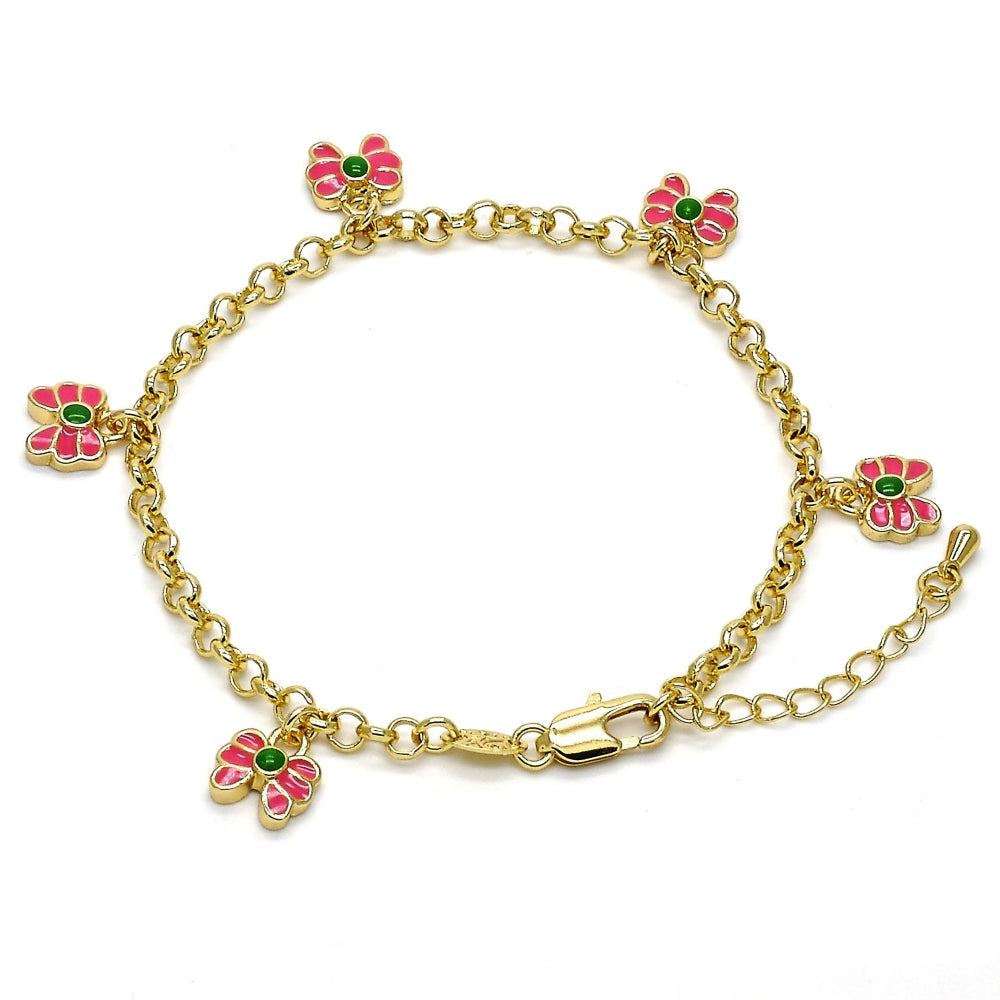 Oro Laminado Charm Bracelet, Gold Filled Style Butterfly and Rolo Design, Pink Enamel Finish, Golden Finish