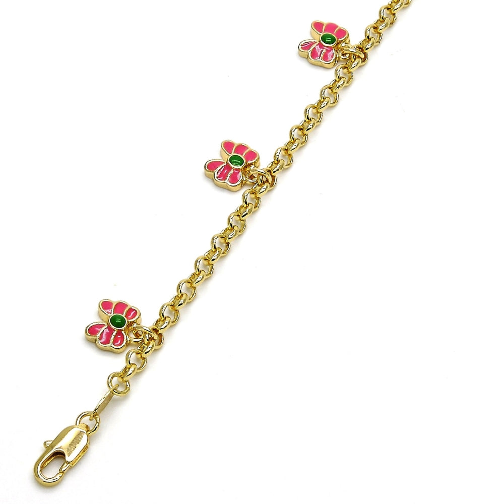 Oro Laminado Charm Bracelet, Gold Filled Style Butterfly and Rolo Design, Pink Enamel Finish, Golden Finish