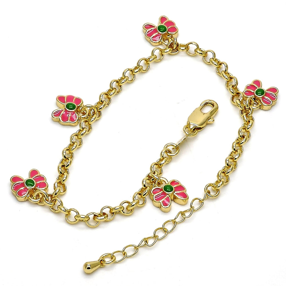 Oro Laminado Charm Bracelet, Gold Filled Style Butterfly and Rolo Design, Pink Enamel Finish, Golden Finish