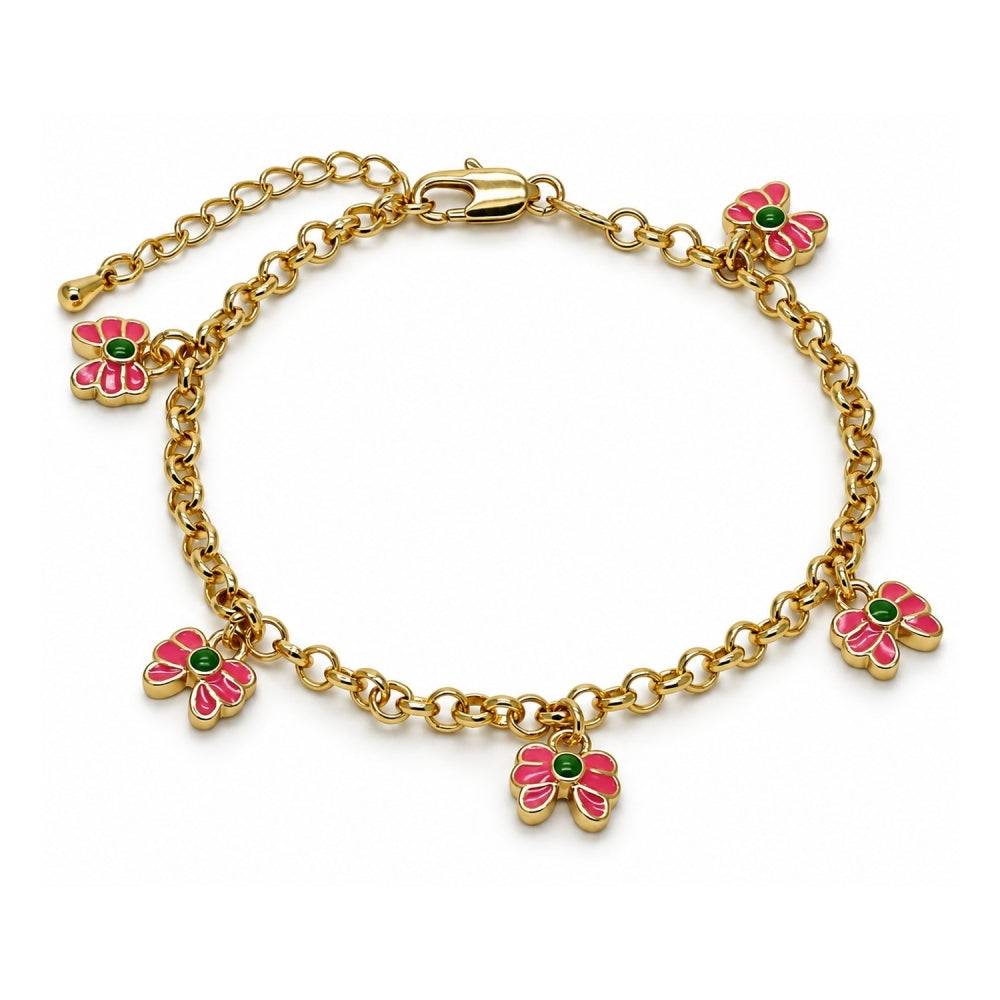 Oro Laminado Charm Bracelet, Gold Filled Style Butterfly and Rolo Design, Pink Enamel Finish, Golden Finish