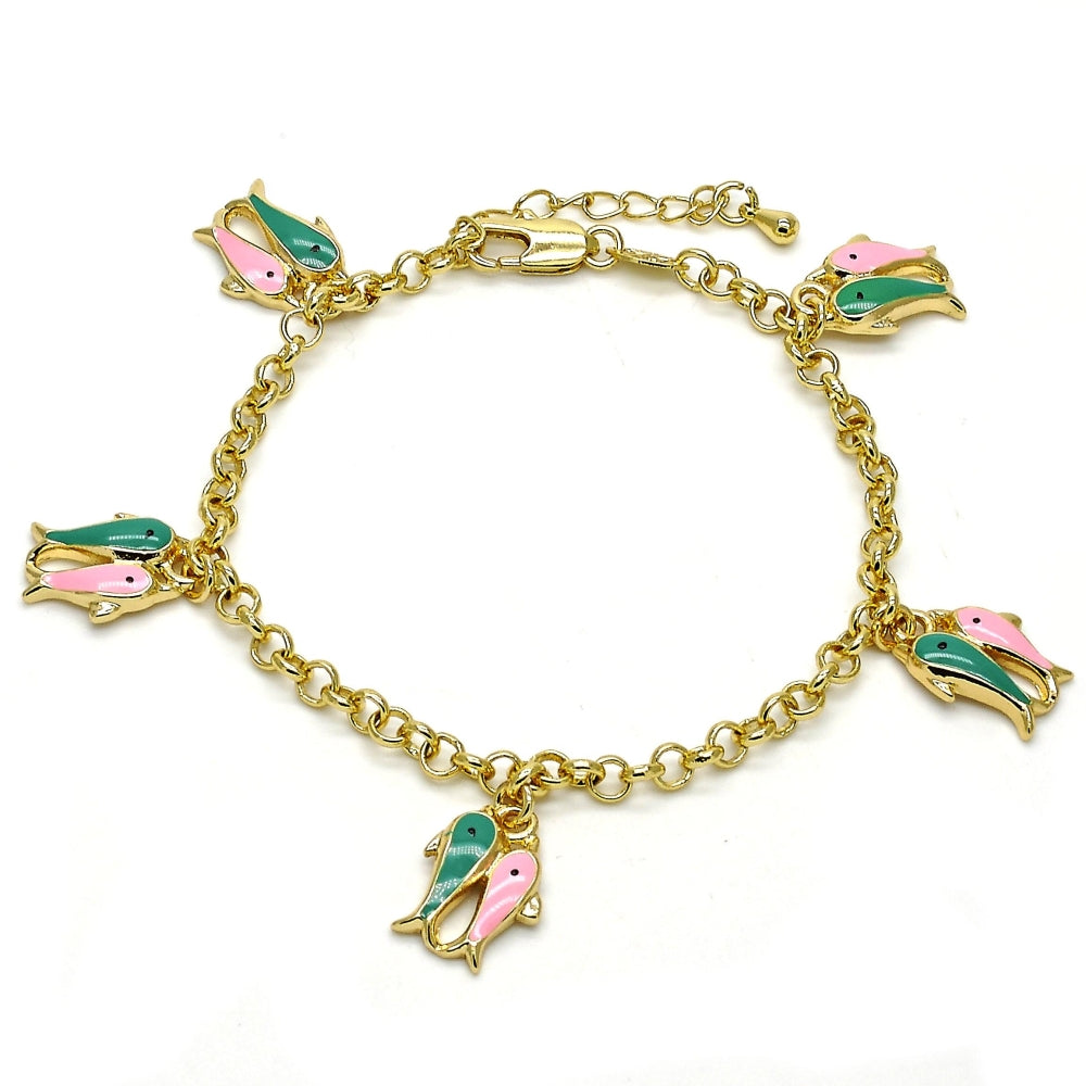 Oro Laminado Charm Bracelet, Gold Filled Style Fish and Rolo Design, Multicolor Enamel Finish, Golden Finish