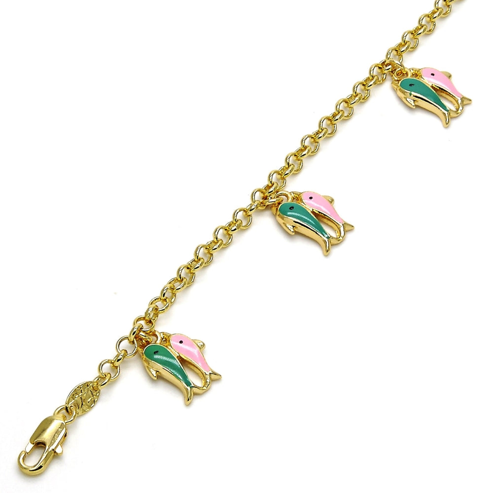 Oro Laminado Charm Bracelet, Gold Filled Style Fish and Rolo Design, Multicolor Enamel Finish, Golden Finish