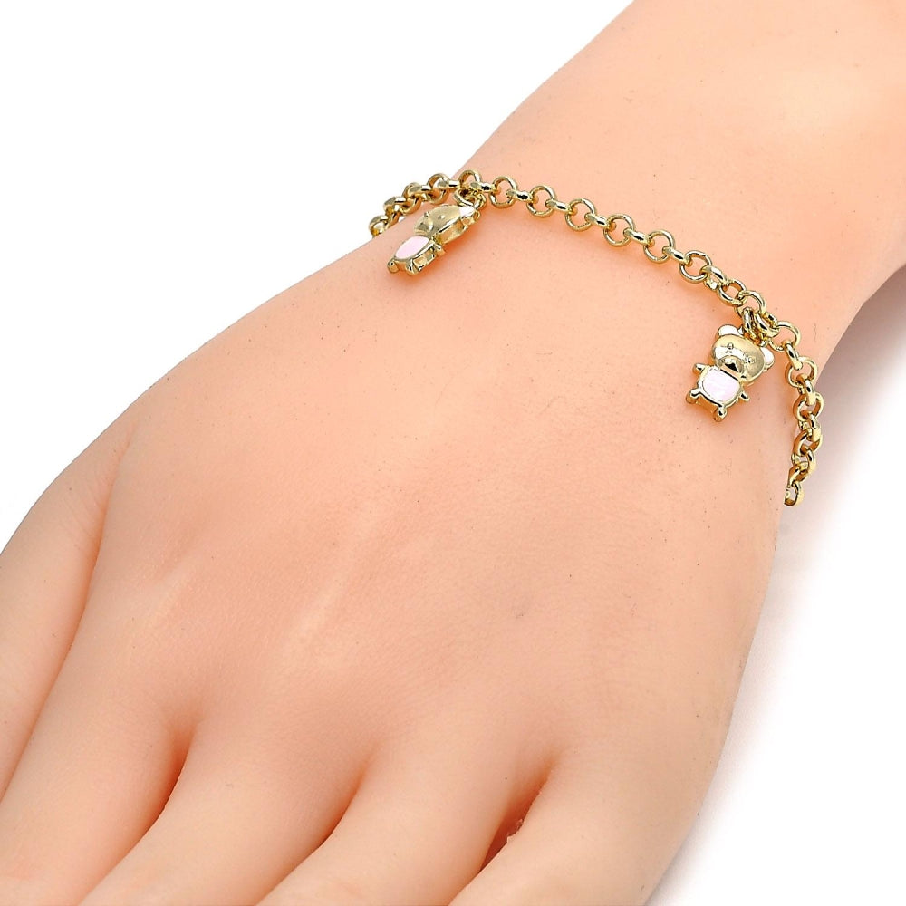 Oro Laminado Charm Bracelet, Gold Filled Style Teddy Bear and Rolo Design, Pink Enamel Finish, Golden Finish