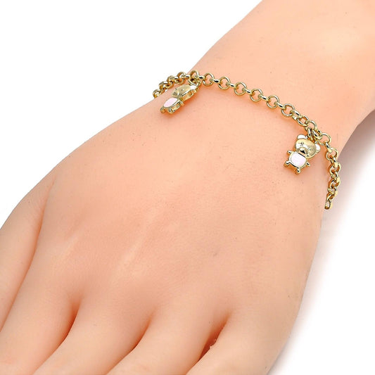Oro Laminado Charm Bracelet, Gold Filled Style Teddy Bear and Rolo Design, Pink Enamel Finish, Golden Finish