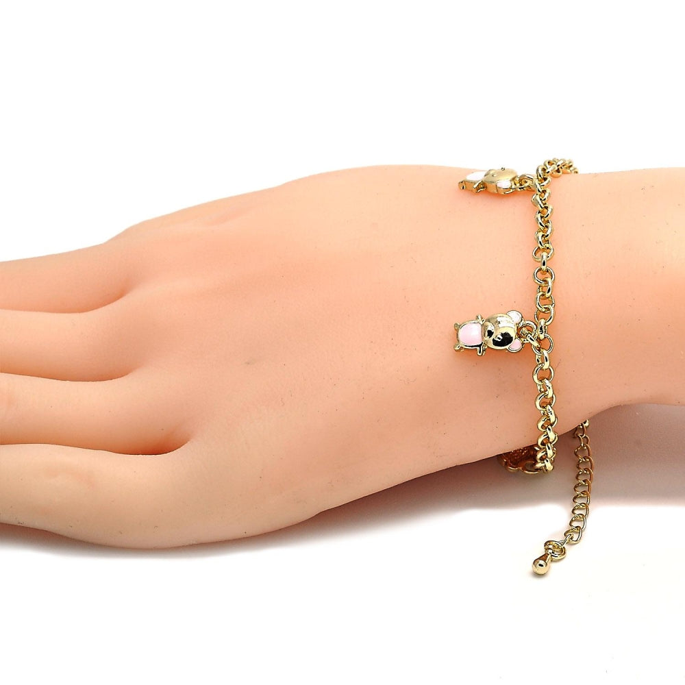 Oro Laminado Charm Bracelet, Gold Filled Style Teddy Bear and Rolo Design, Pink Enamel Finish, Golden Finish