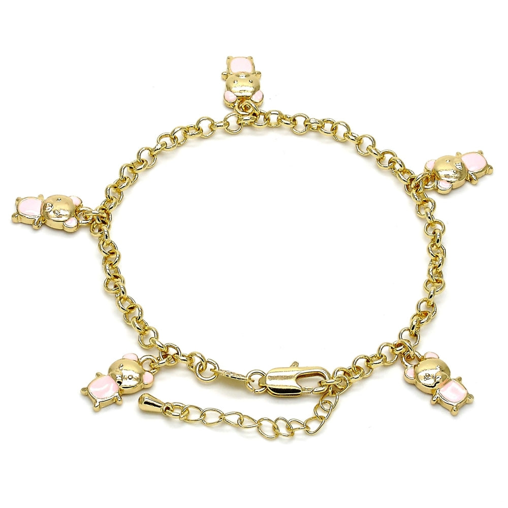 Oro Laminado Charm Bracelet, Gold Filled Style Teddy Bear and Rolo Design, Pink Enamel Finish, Golden Finish