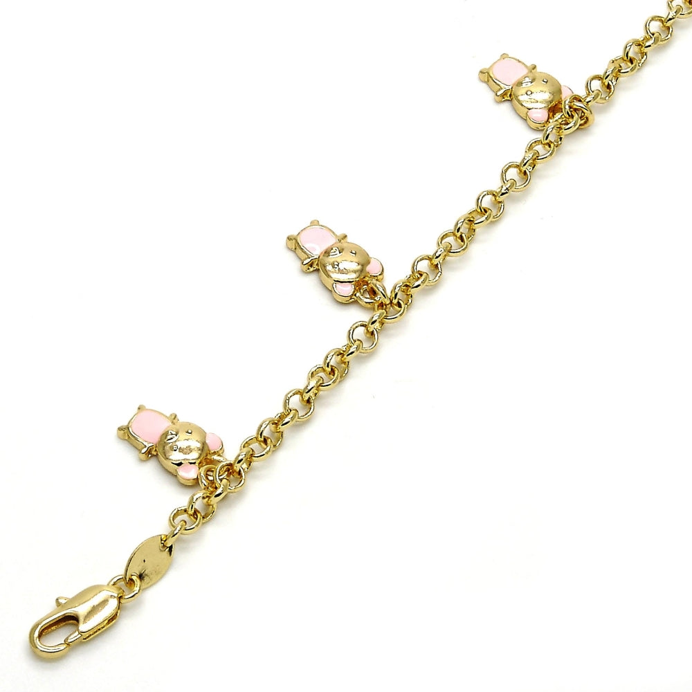 Oro Laminado Charm Bracelet, Gold Filled Style Teddy Bear and Rolo Design, Pink Enamel Finish, Golden Finish