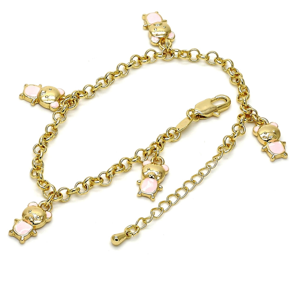 Oro Laminado Charm Bracelet, Gold Filled Style Teddy Bear and Rolo Design, Pink Enamel Finish, Golden Finish