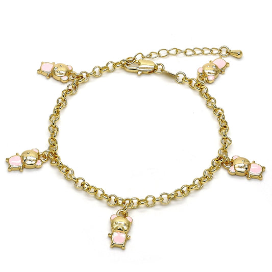 Oro Laminado Charm Bracelet, Gold Filled Style Teddy Bear and Rolo Design, Pink Enamel Finish, Golden Finish
