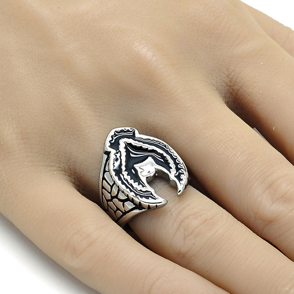 Stainless Steel Mens Ring, Eagle Design, Black Enamel Finish, Steel Finish