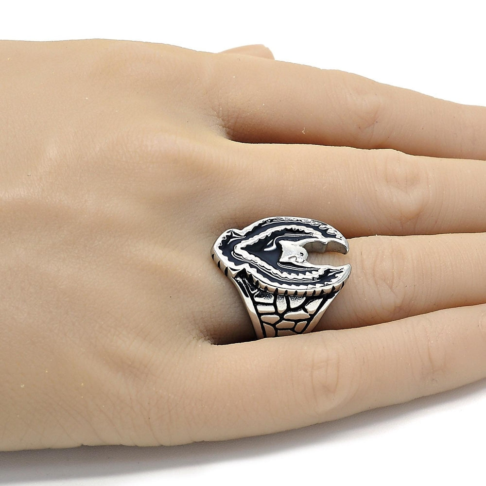 Stainless Steel Mens Ring, Eagle Design, Black Enamel Finish, Steel Finish