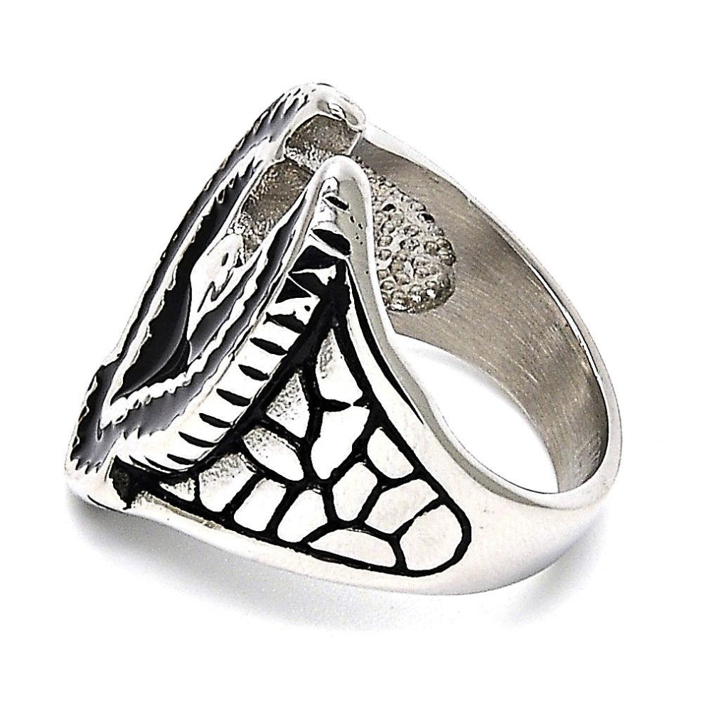 Stainless Steel Mens Ring, Eagle Design, Black Enamel Finish, Steel Finish