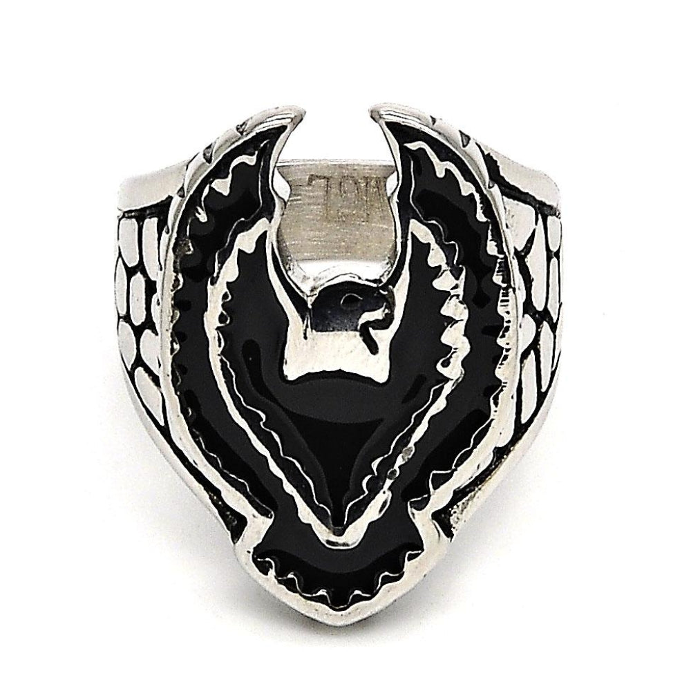 Stainless Steel Mens Ring, Eagle Design, Black Enamel Finish, Steel Finish