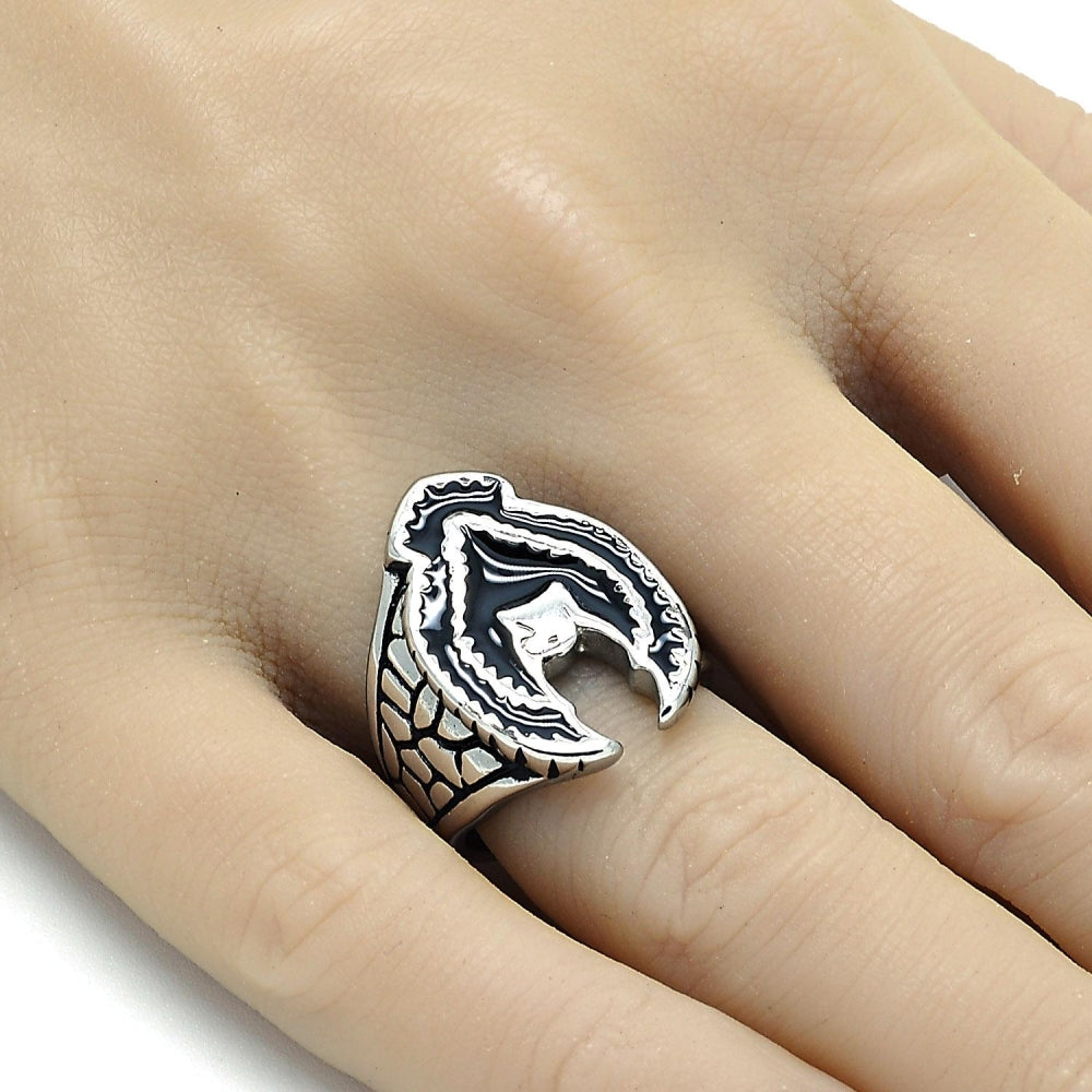 Stainless Steel Mens Ring, Eagle Design, Black Enamel Finish, Steel Finish