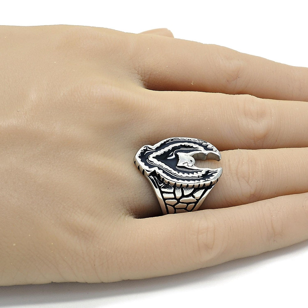 Stainless Steel Mens Ring, Eagle Design, Black Enamel Finish, Steel Finish