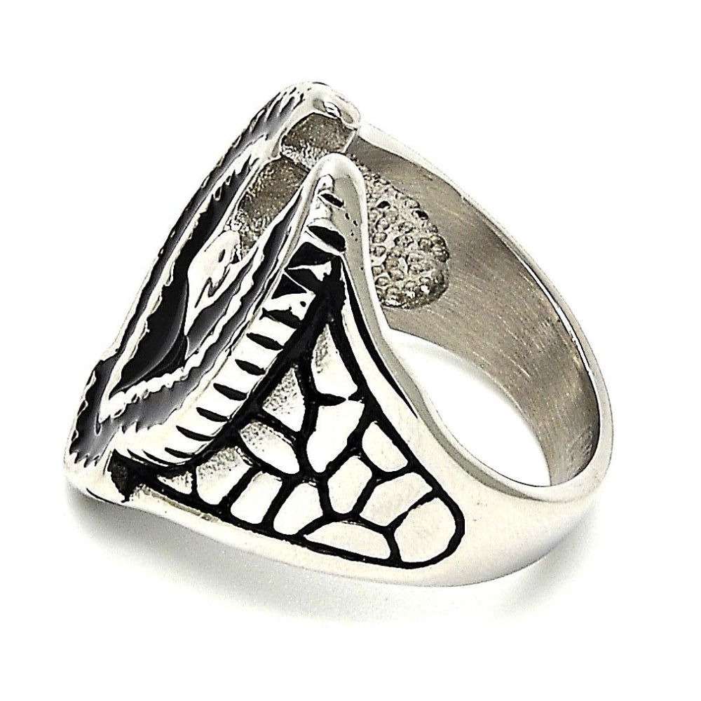 Stainless Steel Mens Ring, Eagle Design, Black Enamel Finish, Steel Finish