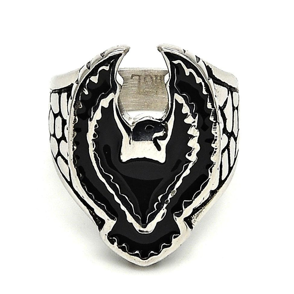 Stainless Steel Mens Ring, Eagle Design, Black Enamel Finish, Steel Finish
