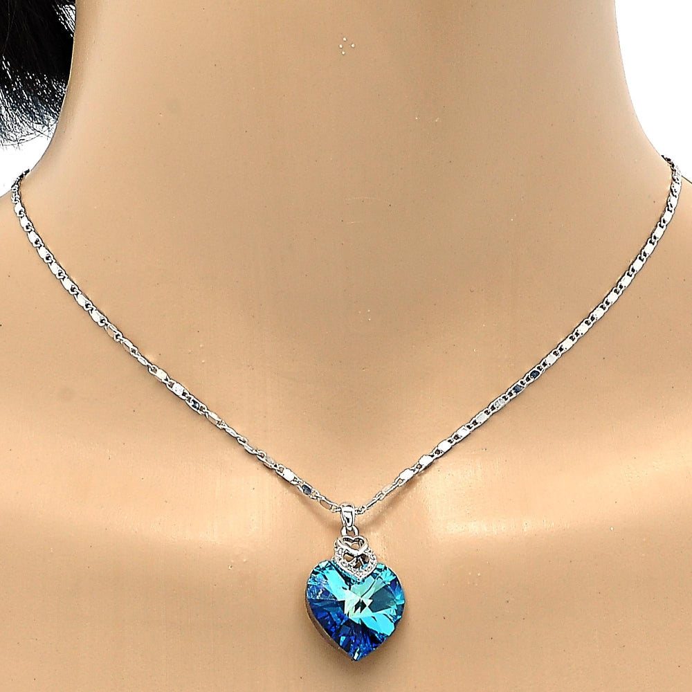 Rhodium Gold Filled Pendant Necklace, Heart and Pave Mariner Design, with Bermuda Blue Swarovski Crystals and White Micro Pave, Polished, Rhodium Finish