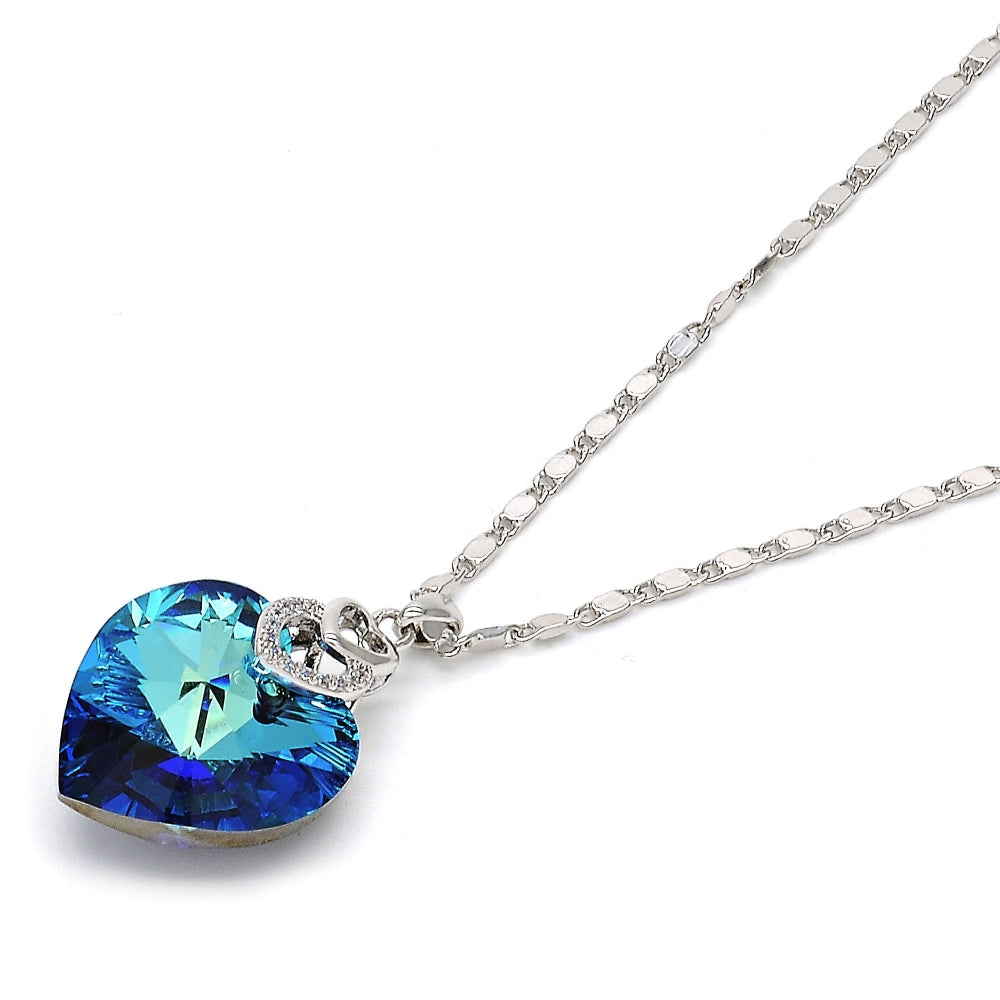 Rhodium Gold Filled Pendant Necklace, Heart and Pave Mariner Design, with Bermuda Blue Swarovski Crystals and White Micro Pave, Polished, Rhodium Finish