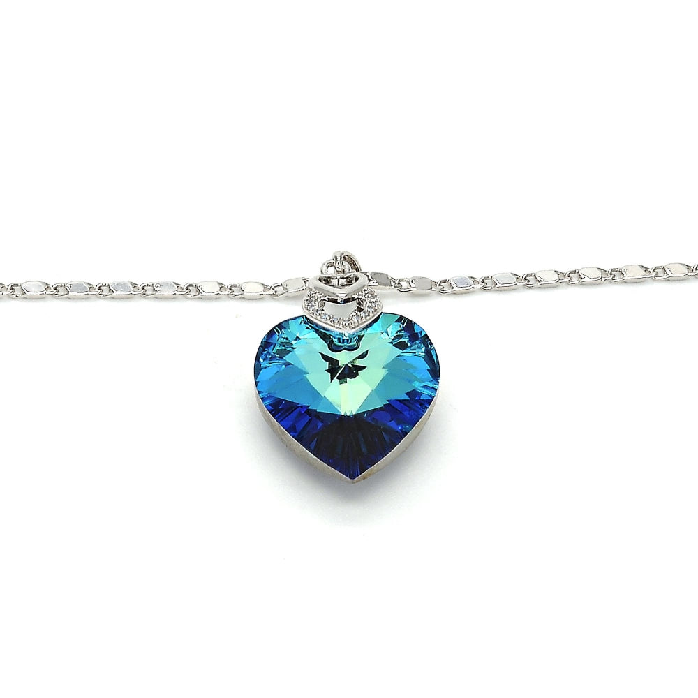 Rhodium Gold Filled Pendant Necklace, Heart and Pave Mariner Design, with Bermuda Blue Swarovski Crystals and White Micro Pave, Polished, Rhodium Finish
