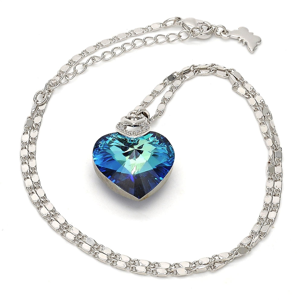 Rhodium Gold Filled Pendant Necklace, Heart and Pave Mariner Design, with Bermuda Blue Swarovski Crystals and White Micro Pave, Polished, Rhodium Finish