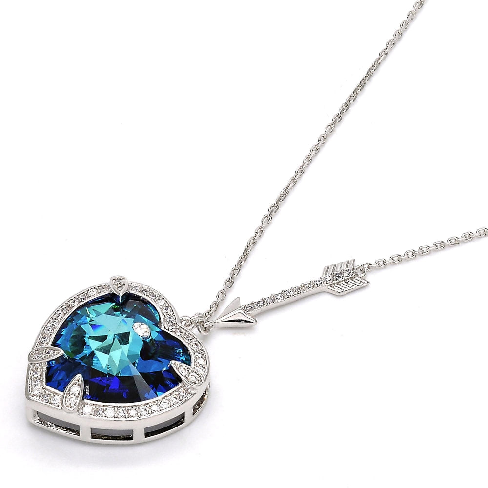 Rhodium Gold Filled Pendant Necklace, Heart Design, with Bermuda Blue Swarovski Crystals and White Micro Pave, Polished, Rhodium Finish
