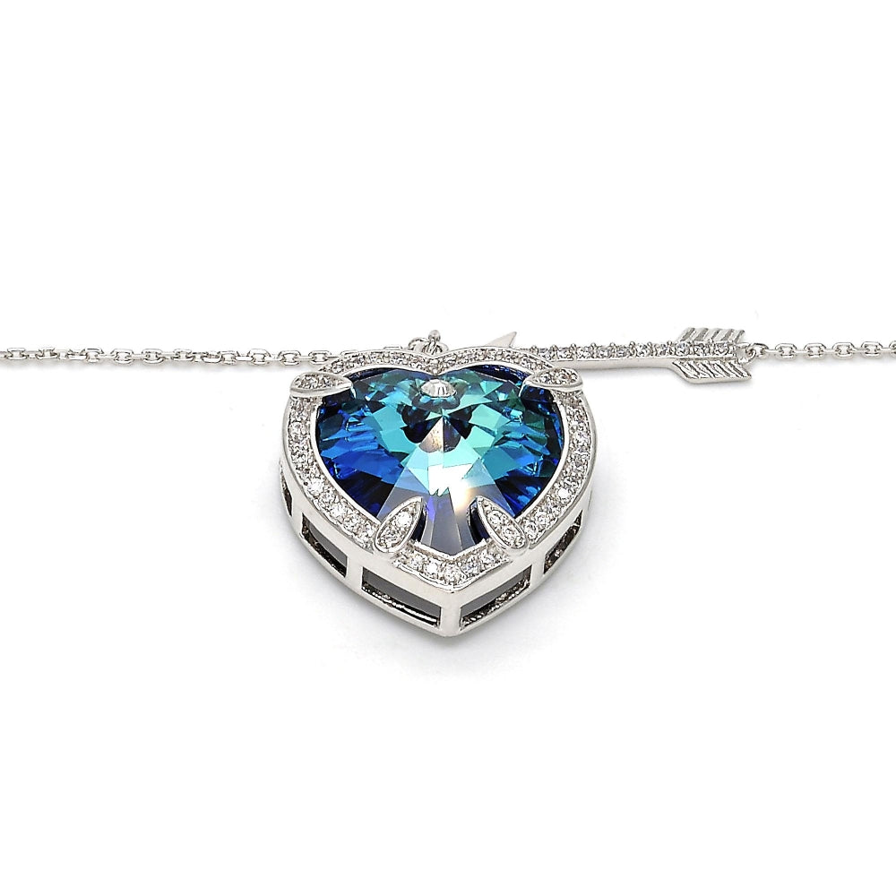 Rhodium Gold Filled Pendant Necklace, Heart Design, with Bermuda Blue Swarovski Crystals and White Micro Pave, Polished, Rhodium Finish
