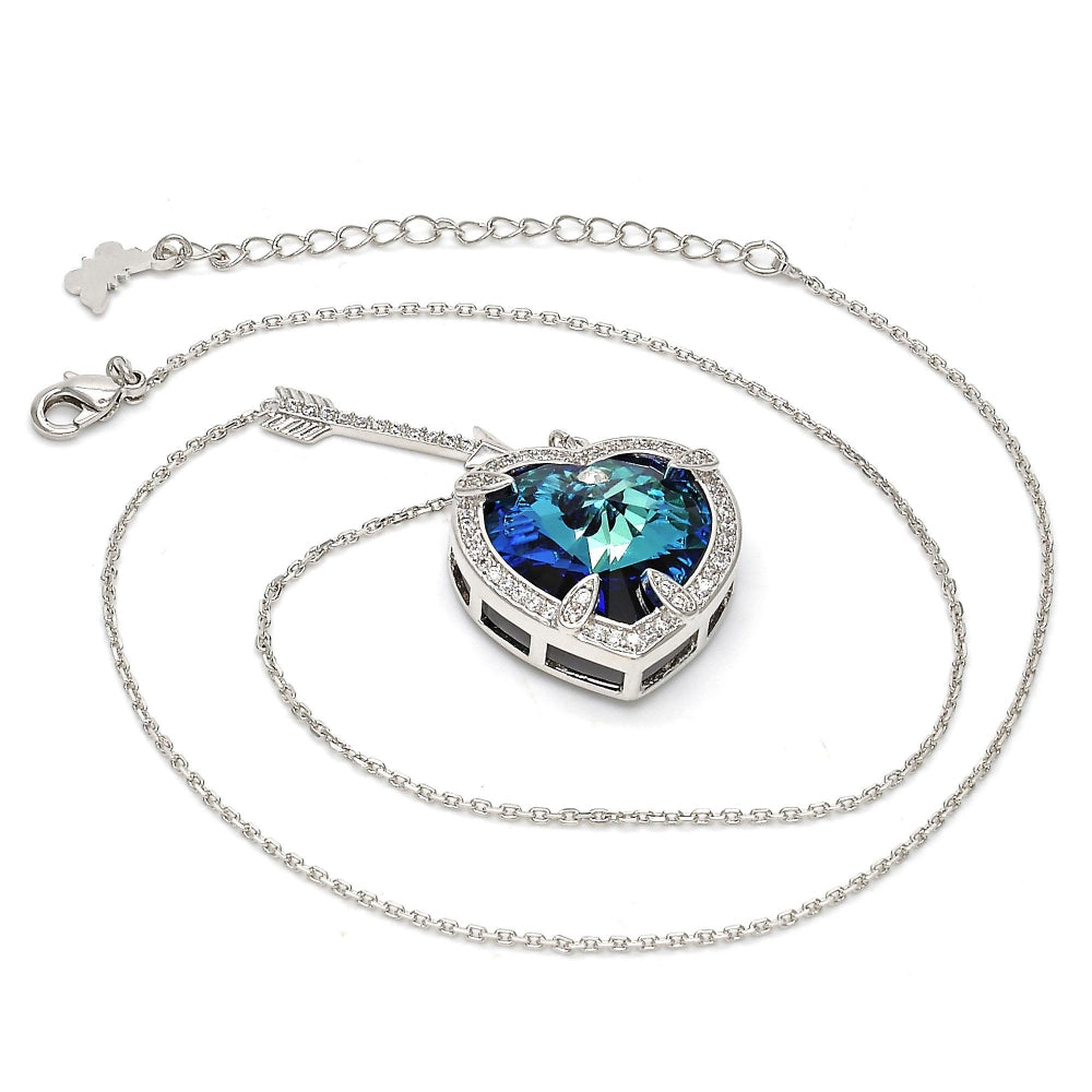 Rhodium Gold Filled Pendant Necklace, Heart Design, with Bermuda Blue Swarovski Crystals and White Micro Pave, Polished, Rhodium Finish