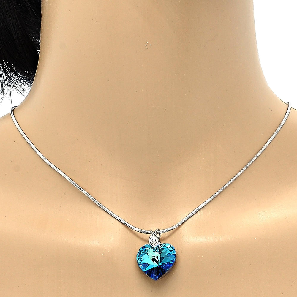 Rhodium Gold Filled Pendant Necklace, Heart and Rat Tail Design, with Bermuda Blue Swarovski Crystals and White Crystal, Polished, Rhodium Finish