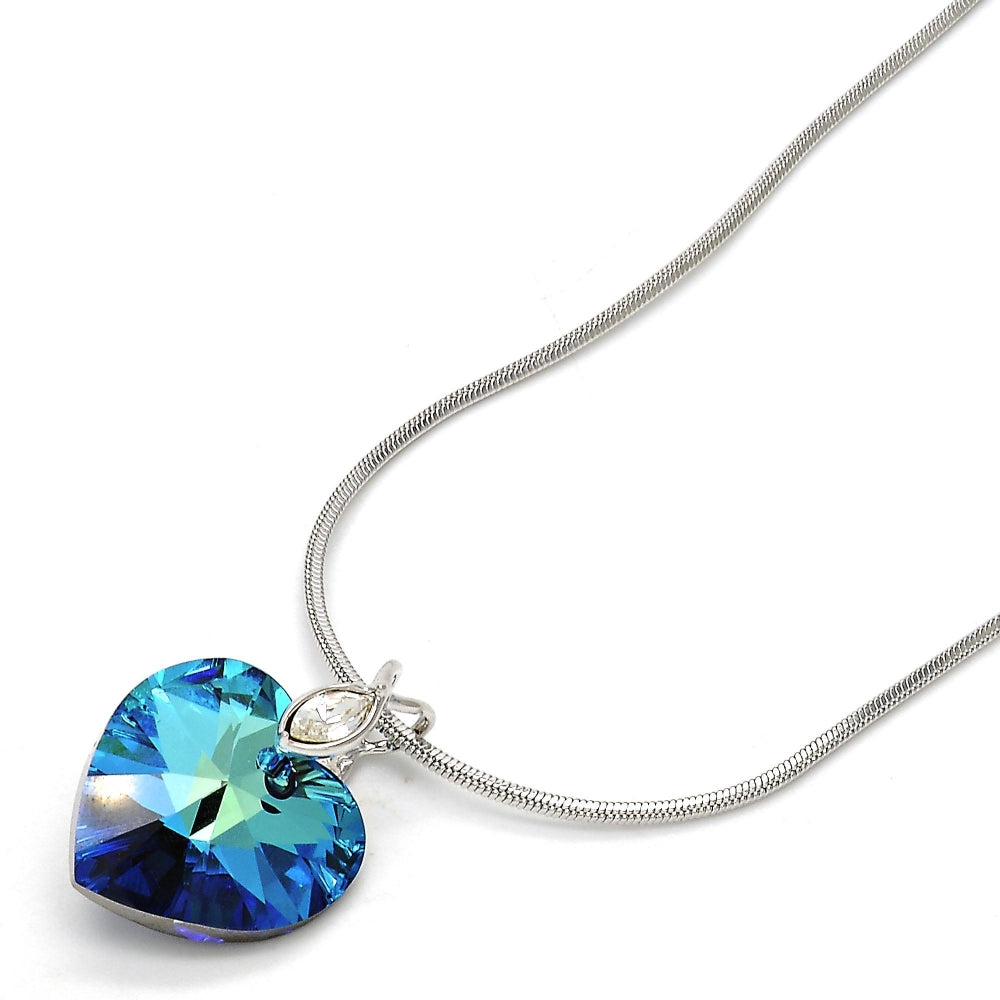 Rhodium Gold Filled Pendant Necklace, Heart and Rat Tail Design, with Bermuda Blue Swarovski Crystals and White Crystal, Polished, Rhodium Finish