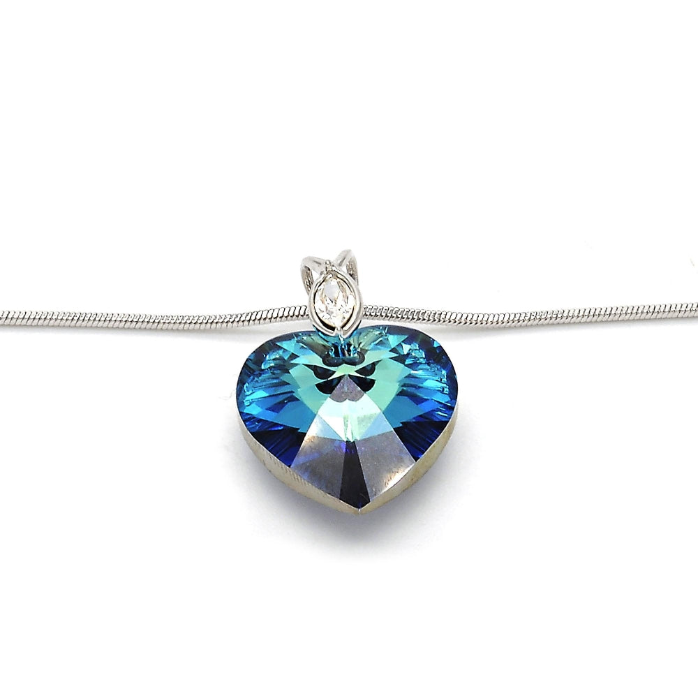 Rhodium Gold Filled Pendant Necklace, Heart and Rat Tail Design, with Bermuda Blue Swarovski Crystals and White Crystal, Polished, Rhodium Finish