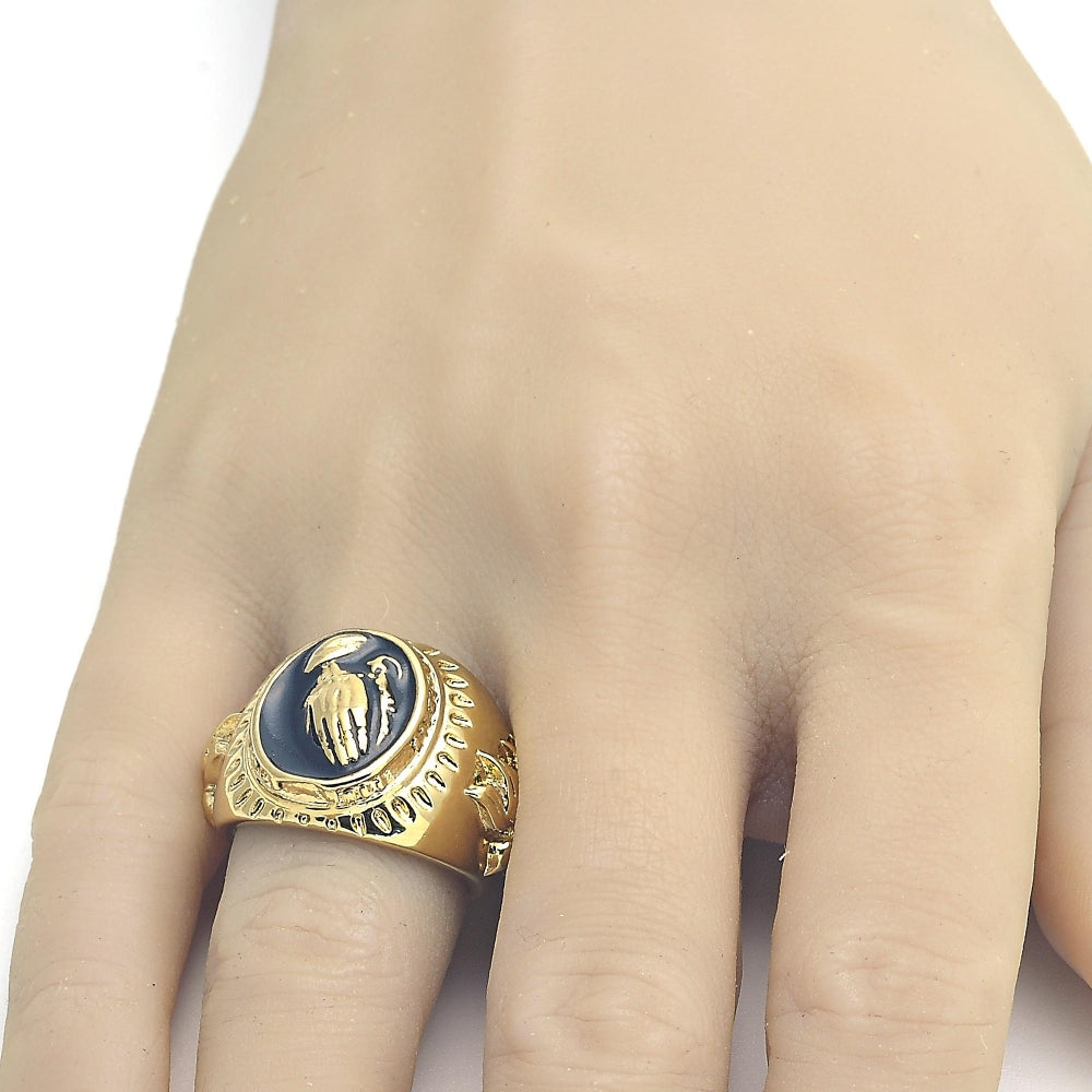 Oro Laminado Mens Ring, Gold Filled Style Hand and Bird Design, Black Enamel Finish, Golden Finish