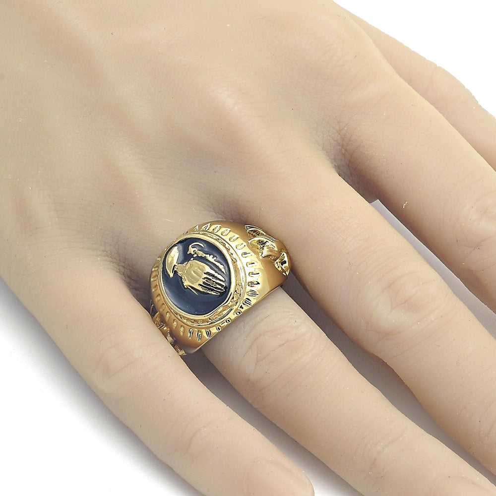 Oro Laminado Mens Ring, Gold Filled Style Hand and Bird Design, Black Enamel Finish, Golden Finish