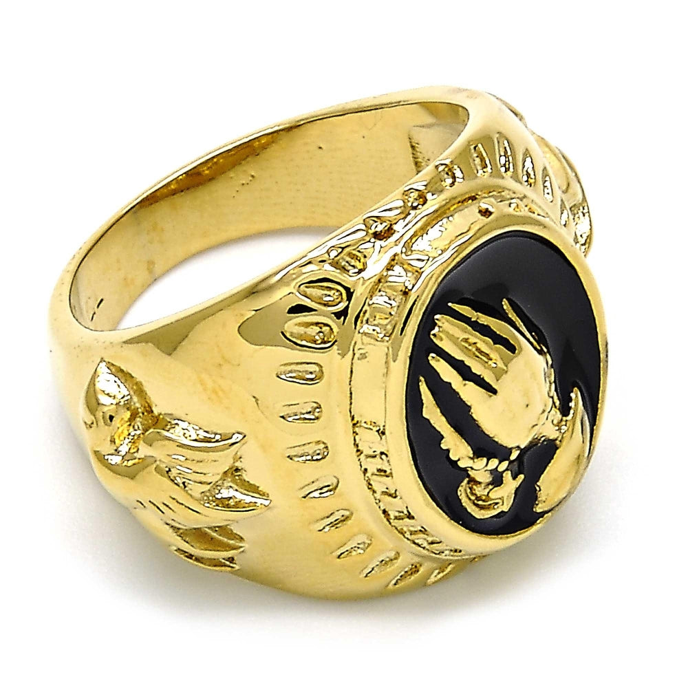 Oro Laminado Mens Ring, Gold Filled Style Hand and Bird Design, Black Enamel Finish, Golden Finish