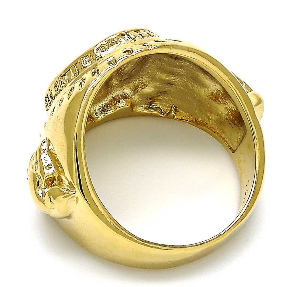 Oro Laminado Mens Ring, Gold Filled Style Hand and Bird Design, Black Enamel Finish, Golden Finish