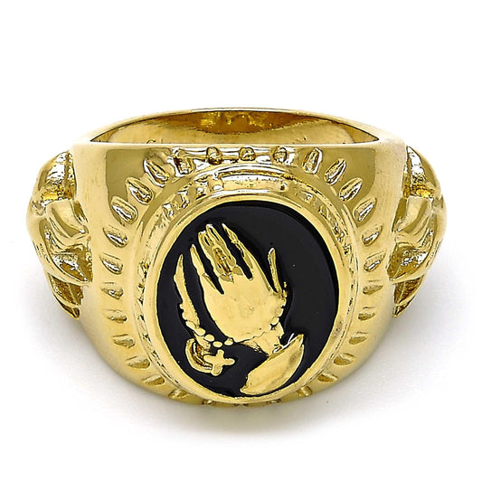 Oro Laminado Mens Ring, Gold Filled Style Hand and Bird Design, Black Enamel Finish, Golden Finish