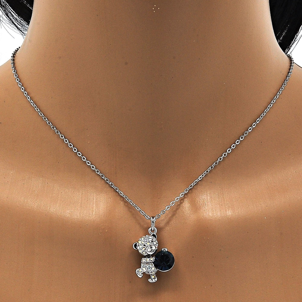 Rhodium Gold Filled Pendant Necklace, Teddy Bear Design, with Montana and Aurore Boreale Swarovski Crystals, Black Enamel Finish, Rhodium Finish