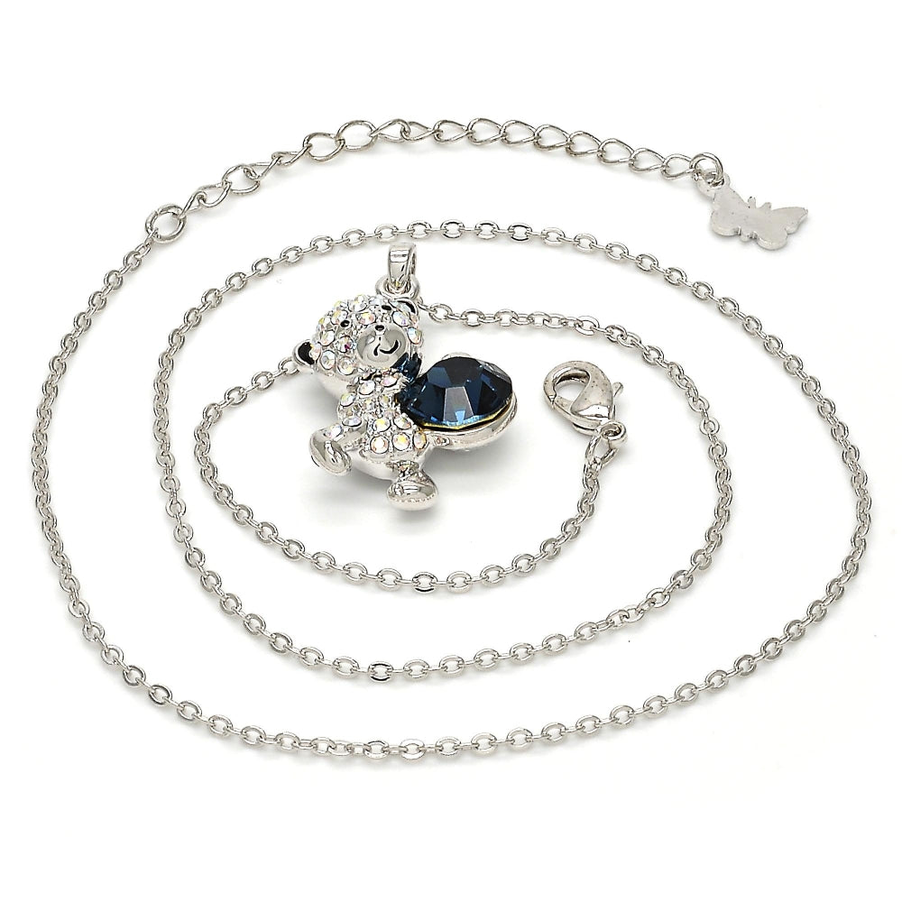 Rhodium Gold Filled Pendant Necklace, Teddy Bear Design, with Montana and Aurore Boreale Swarovski Crystals, Black Enamel Finish, Rhodium Finish